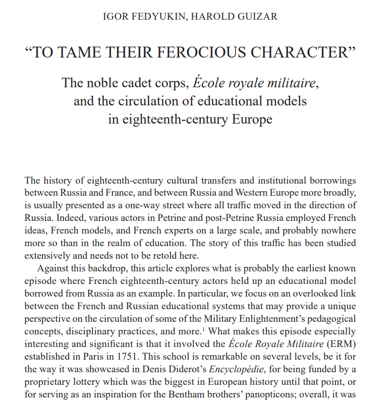 To tame their ferocious character: The noble cadet corps, École royale militaire, and the circulation of educational models in eighteenth-century Europe