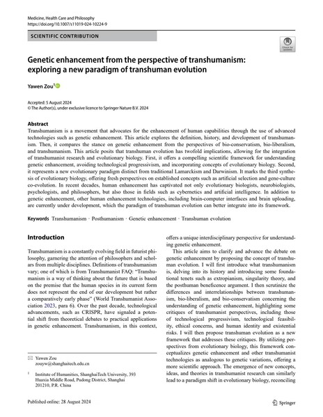 Genetic enhancement from the perspective of transhumanism: exploring a new paradigm of transhuman evolution