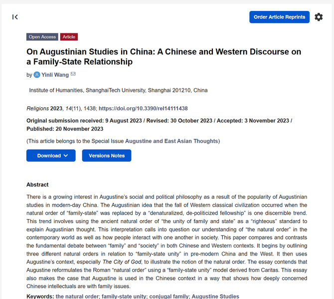 On Augustinian Studies in China: A Chinese and Western Discourse on a Family-State Relationship