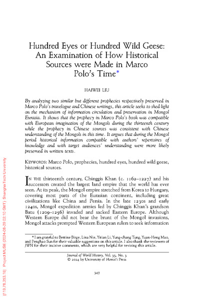 Hundred Eyes or Hundred Wild Geese: An Examination of How Historical Sources were Made in Marco Polo’s Time